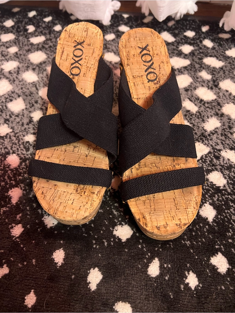 XOXO Black Cork Wedge Slide Sandals